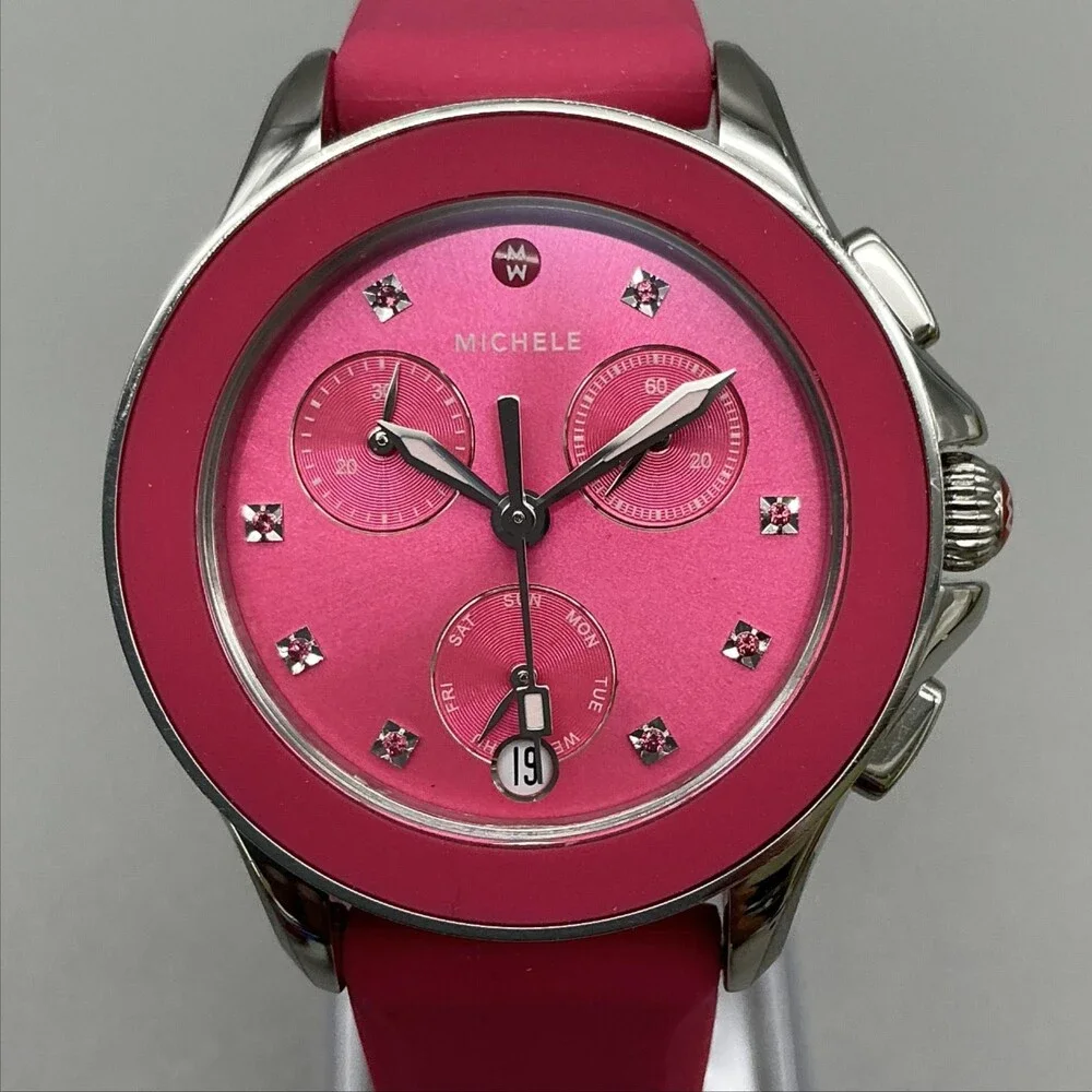 Michele Cape Womens Watch 34mm MX08853 Chronograph Date Diamonds New Battery